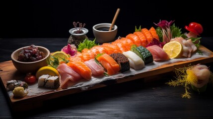 Fototapeta na wymiar an image of a beautiful sushi presentation on a wooden board