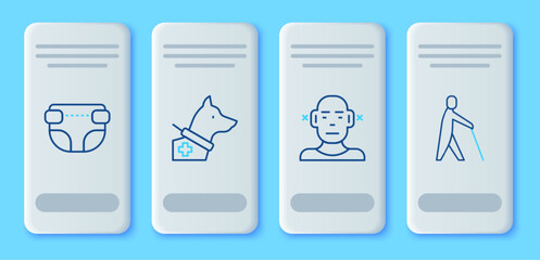 Set line Guide dog, Deaf, Adult diaper and Blind human holding stick icon. Vector