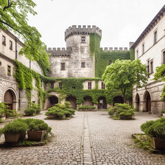 Fototapeta na wymiar Massive open castle courtyard with trees and plant