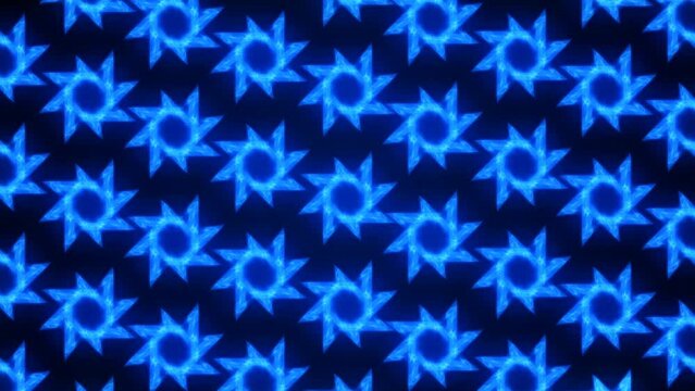 Blue neon animated energetic ornament of stars. A chaotic tangle of rotating particles. Christmas snowflake. Ninja shuriken. Anime. Hypnotic background. Intro for business, technology. 4k