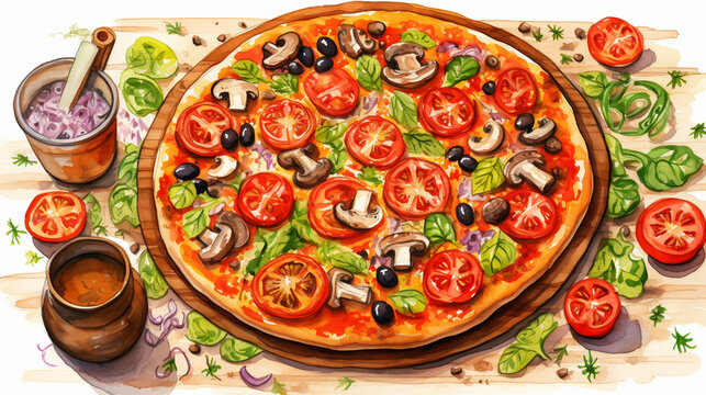 Italian pizza and ingredients. Italian food menu design. Vintage hand drawn sketch, illustration. Engraved style illustration.