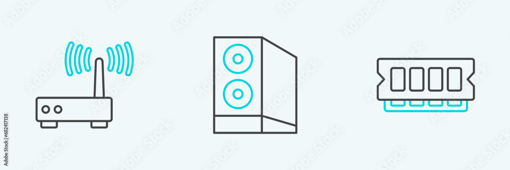Poster set line ram, random access memory, router wi-fi signal and case of computer icon. vector