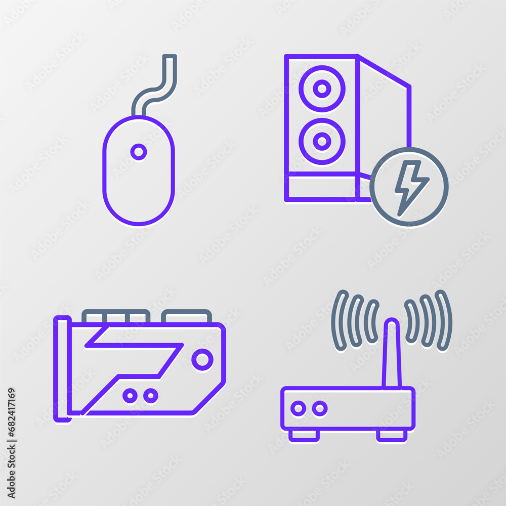 Poster set line router and wi-fi signal, video graphic card, case of computer and computer mouse icon. vect