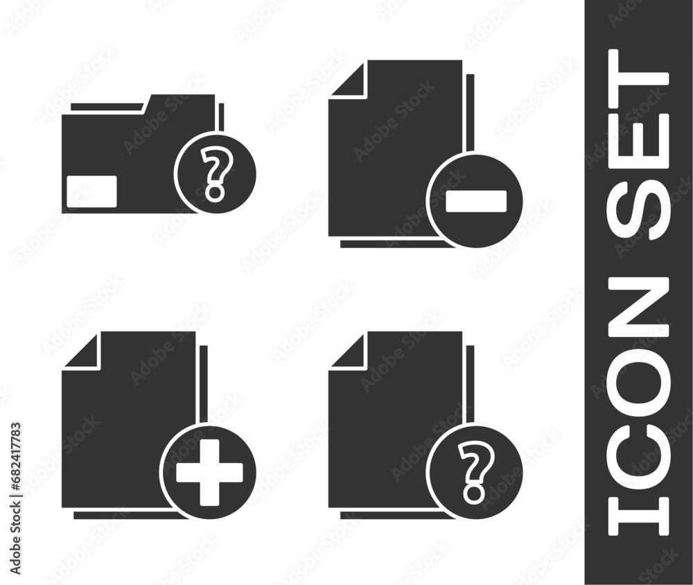 Poster set unknown document, unknown document folder, add new file and document with minus icon. vector