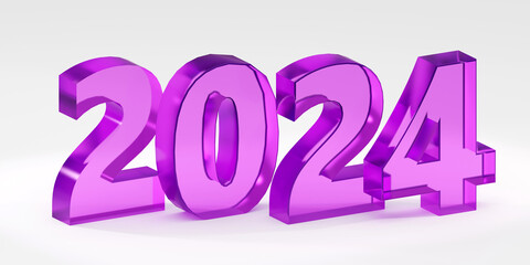 Luxury purple glass inscription 2024 on grey podium, soft light, smooth background, 3d rendering