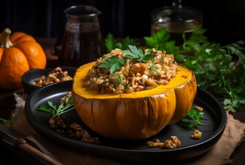 Stuffed baked pumpkin with musk flavor. Cooked vegetable healthy dinner dish serving. Generate ai