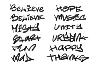 Collection of graffiti street art tags with words and symbols in black color on white background