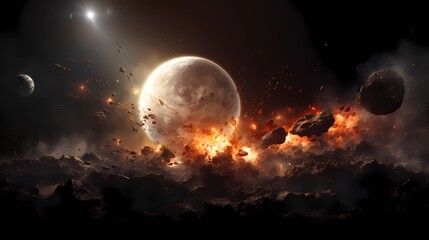Eine Explosion im Weltall mit einem Planeten im Hintergrund.