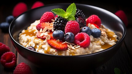 an image of a bowl of creamy oatmeal topped with fresh berries and honey