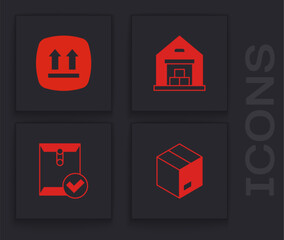 Set Carton cardboard box, This side up, Warehouse and Envelope and check mark icon. Vector
