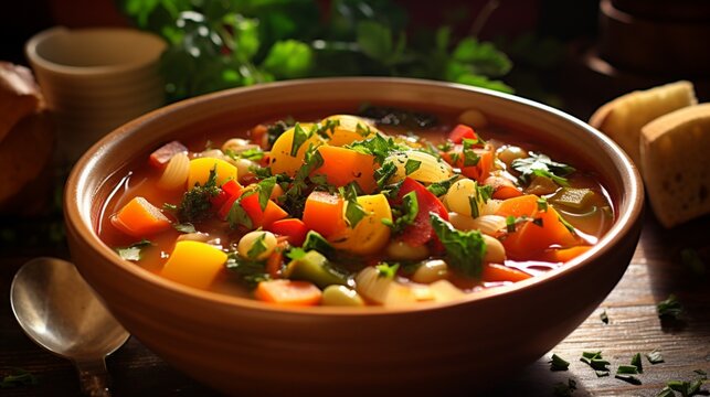 an image of a bowl of Italian minestrone soup with colorful vegetables and pasta