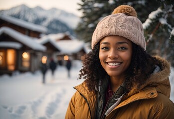 Beautiful black women wearing winter jacket and hat, snow tree and mountain on the background