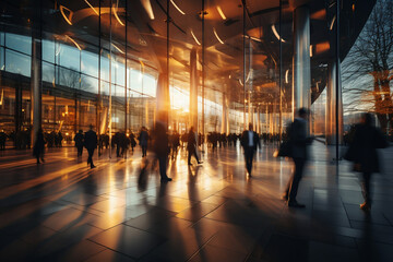 Long exposure photography of business people moving quickly in a large hall