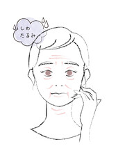 美容イメージ　手を添えてしわたるみに悩む女性の正面顔イラスト