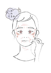 美容イメージ　手を添えてシミしわたるみに悩む女性の正面顔イラスト