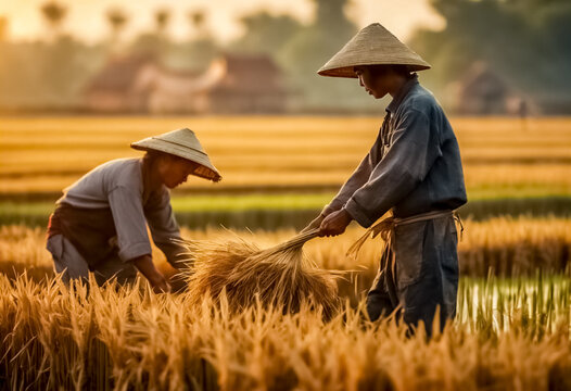 Raccolta al Sorgere del Sole- Agricoltori Cinesi in Abiti d'Epoca