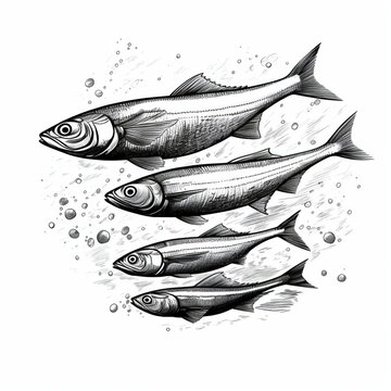 recommend clip art: Sardine line art illustration, black and white created with Generative Ai