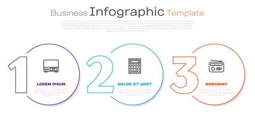 Set line Old video cassette player, Calculator and Radio with antenna. Business infographic template. Vector