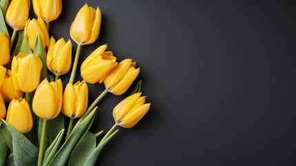 Obraz premium yellow tulips on a color background, top view, spring bouquet