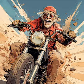 elderly motorcycle driver cartoon style Illustration