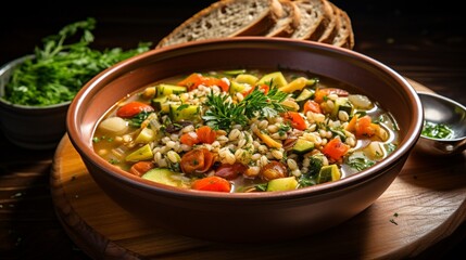an image of a bowl of vegetable barley soup with a hearty mix of vegetables and grains