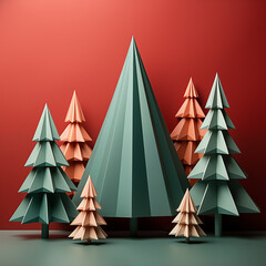 Minimal composition background pattern of green Christmas trees on pastel red. New year concept.

