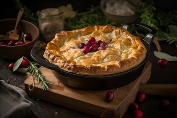 Delicious turkey pie with cranberries on wooden board. Delectable pastry meat confection decorated with red berries. Generate ai