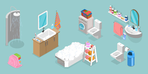 3D Isometric Flat Vector Set of Bathroom Interior Furniture, Shower Cabin, Sink with Mirror, Toilet
