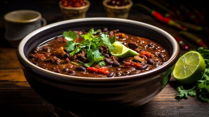 an image of a bowl of spicy black bean and chorizo soup with a dash of lime
