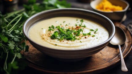 an image of a bowl of creamy cauliflower and cheese soup with a drizzle of olive oil - obrazy, fototapety, plakaty