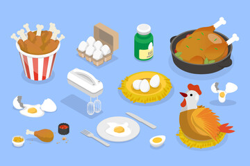3D Isometric Flat Vector Set of Chicken Products, Tasty Fast Food - obrazy, fototapety, plakaty