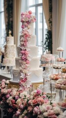 Huge beautiful elite big tiered wedding cake with flowers décor on festive table. Luxury Wedding celebration decorations.