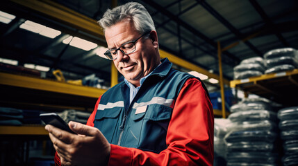 Obraz na płótnie Canvas Men in a jacket with a smartphone in their industrial workshop.