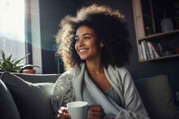 Young woman of African descent with long curly hair sits on a couch, smiles, and drinks coffee/tea