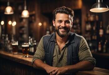 handsome men bartender, bar and beer on the background