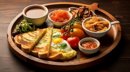 Fototapeta na wymiar an image of a breakfast platter with a variety of omelets and toast