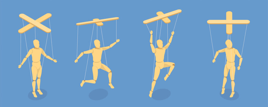 3D Isometric Flat Vector Set of Wooden Marionettes, Puppet on Ropes