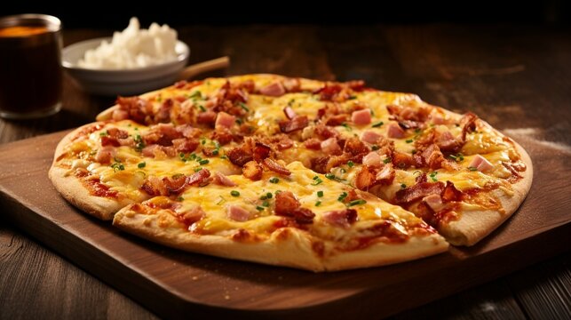 an image of a breakfast pizza with scrambled eggs and bacon