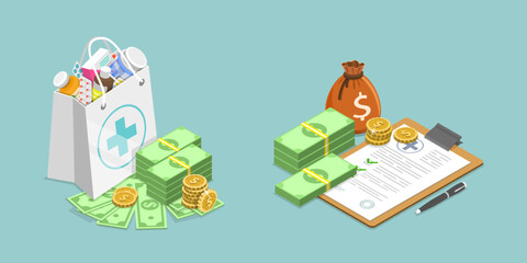 Naklejka premium 3D Isometric Flat Vector Illustration of Healthcare Bill, High Medical Expenses
