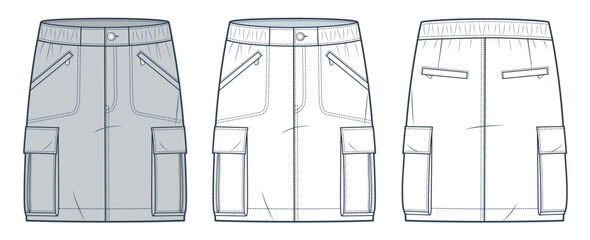 Cargo mini Skirt technical fashion illustration. Denim Skirt fashion flat technical drawing template, mini length, pockets, elastic waist, front and back view, white, grey, women CAD mockup set. - obrazy, fototapety, plakaty