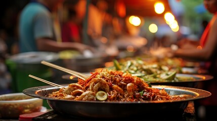 an image of a bustling food stall serving up fragrant bowls of pad Thai