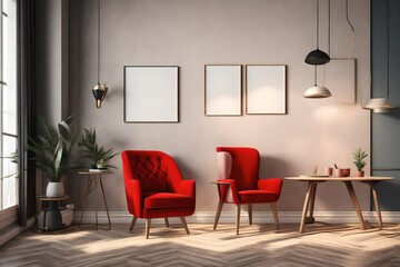  Mock up poster in the interior with a red chair and a table, 3D render, 3d illustration