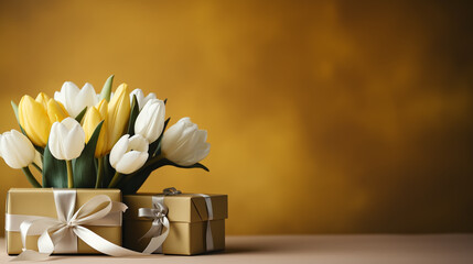 A bouquet of yellow tulips in a vase on the floor. A gift to a woman's day from yellow tulip flowers. Beautiful yellow flowers in vase by wall.