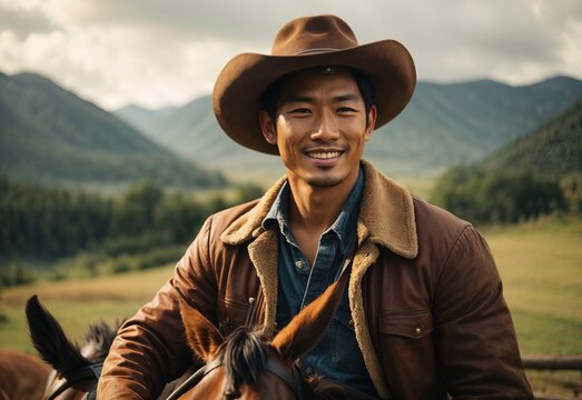 Cowboy riding a horse, mountain farm on the background