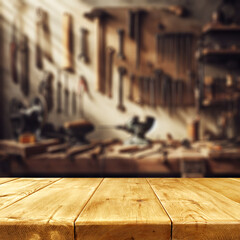 Worn old wooden table and workshop interior. Retro vintage photo of background and mockup. Sun light and dark shadows. - 682422521