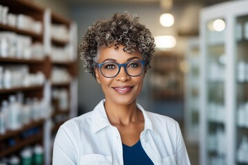 Obraz premium Middle-aged female pharmacist of African descent in white clothes with glasses smiles and looks at the camera