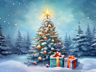 Obraz premium Christmas Tree, Christmas Gift, With Decoration, Winter Background With Bright Lights And Snow