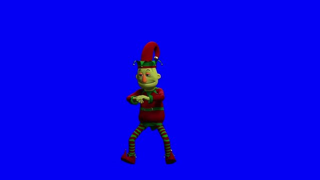 puppet elf santa helper is doing a shuffle dance house hook step in a blue chroma key background