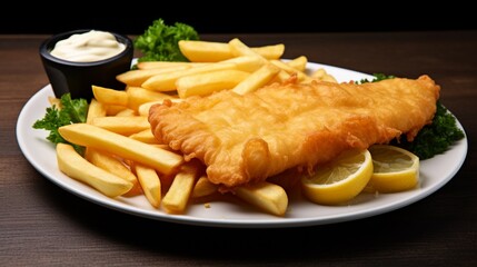 an image of a classic fish and chips dish with golden fried fish and thick-cut fries