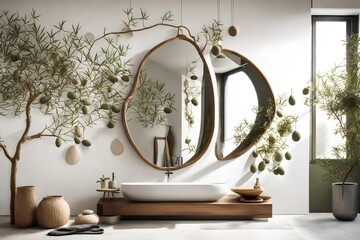Modern mirror in the shape of pebbles hanging on the wall reflecting interior design scene, bright bathroom with olive tree